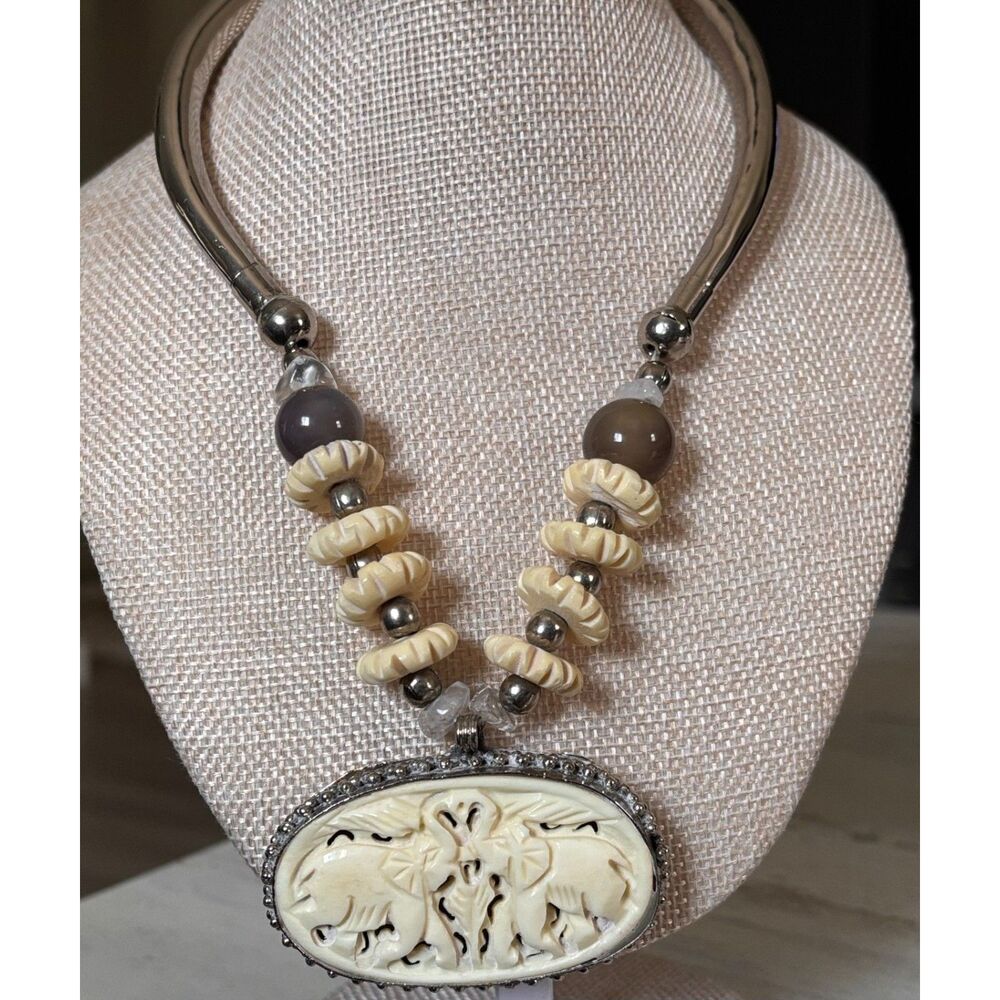 Vintage 1970s Carved Elephant Statement Necklace-Boho Tribal Choker
